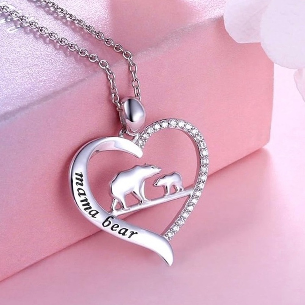 925 Sterling silver mama bear cub pendant necklace